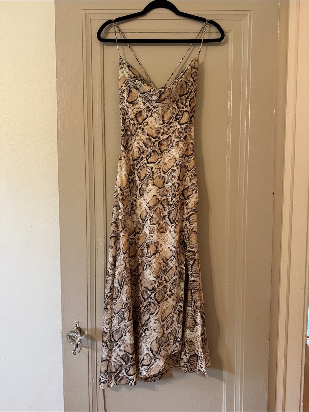 Astr Snake Print Asymmetrical Slip Dress in Taupe & Ivory